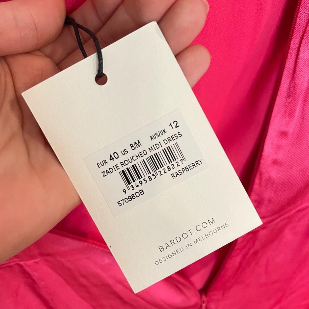 BARDOT NWT Zadie Rouched Midi Dress In Raspberry Pink Size US 8/Medium $129 MSRP - Picture 12 of 12